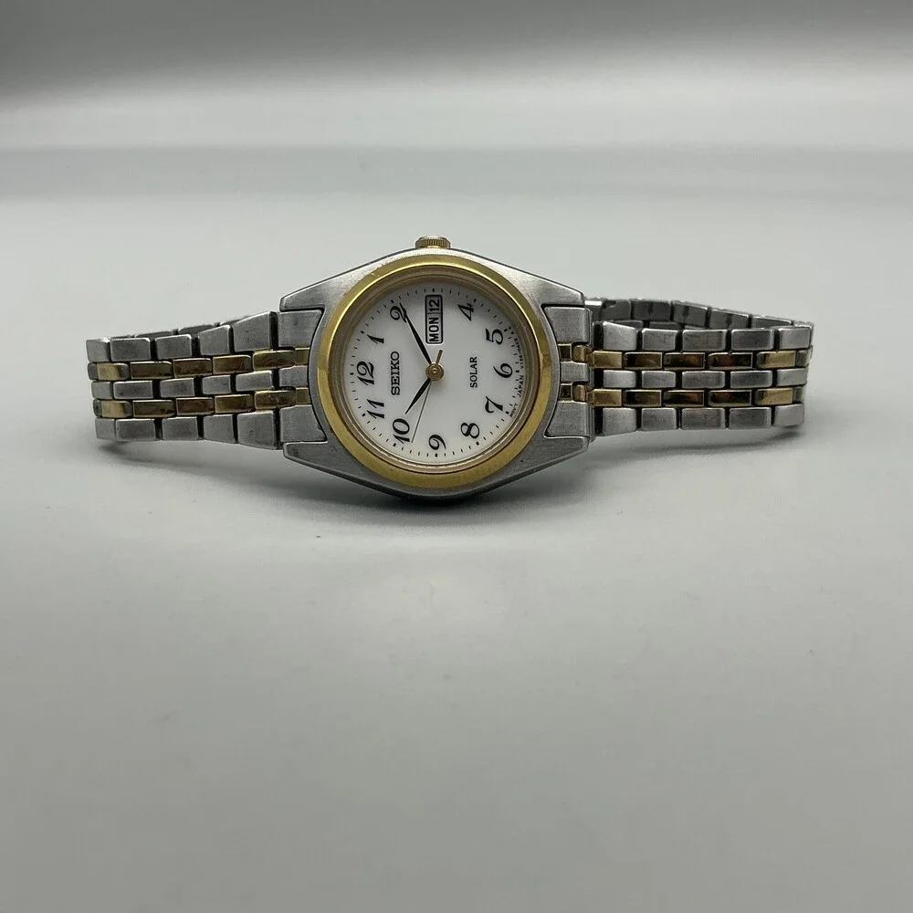 Seiko Solar Womens Watch 25mm V138-0AA0 Two Tone Day Date Bracelet 6.5